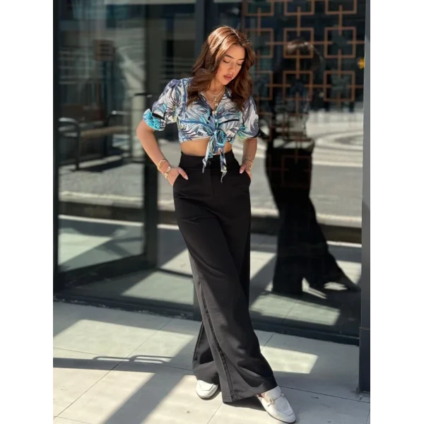 Kadın Yüksek Bel Geniş Paça Detaylı Cepli Ithal Krep Pantolon