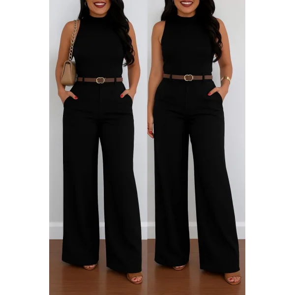 Kadın Yüksek Bel Geniş Paça Detaylı Cepli Ithal Krep Pantolon