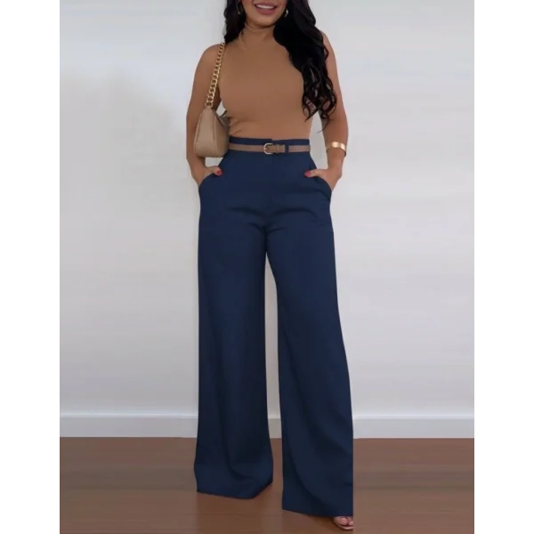 Kadın Yüksek Bel Geniş Paça Detaylı Cepli Ithal Krep Pantolon