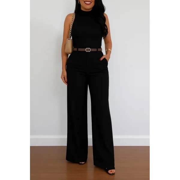 Kadın Yüksek Bel Geniş Paça Detaylı Cepli Ithal Krep Pantolon