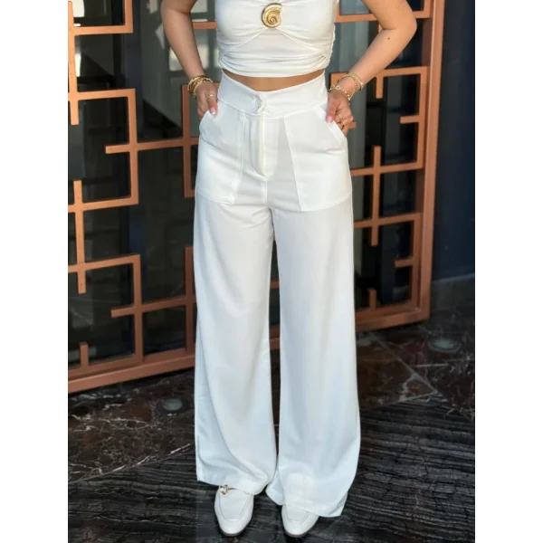 Kadın Yüksek Bel Geniş Paça Detaylı Cepli Ithal Krep Pantolon