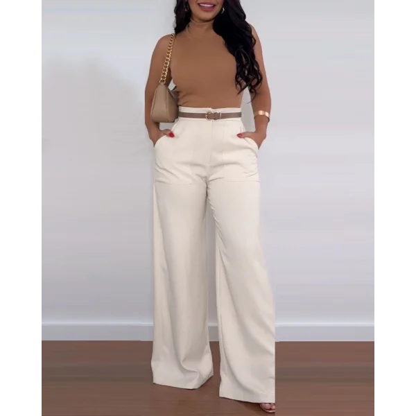 Kadın Yüksek Bel Geniş Paça Detaylı Cepli Ithal Krep Pantolon