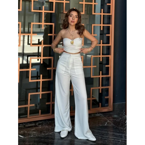 Kadın Yüksek Bel Geniş Paça Detaylı Cepli Ithal Krep Pantolon