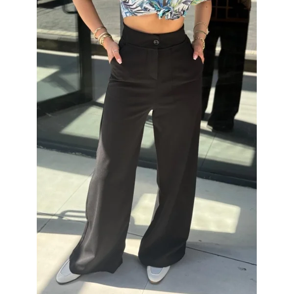 Kadın Yüksek Bel Geniş Paça Detaylı Cepli Ithal Krep Pantolon