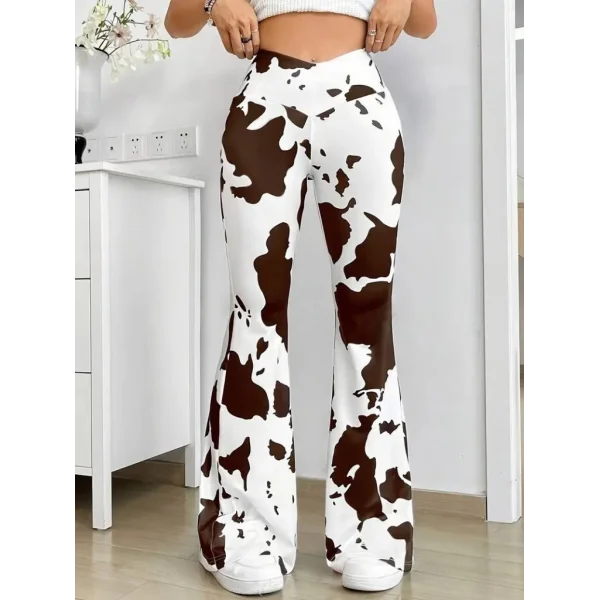 Kadın Yüksek Bel Geniş V Kesim Inek Desen Detaylı Dalgıç Tayt