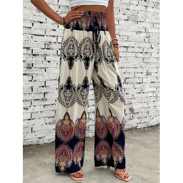 Kadın Yüksek Bel Gipeli Belinden Bağcıklı Baskılı Keten Pantolon