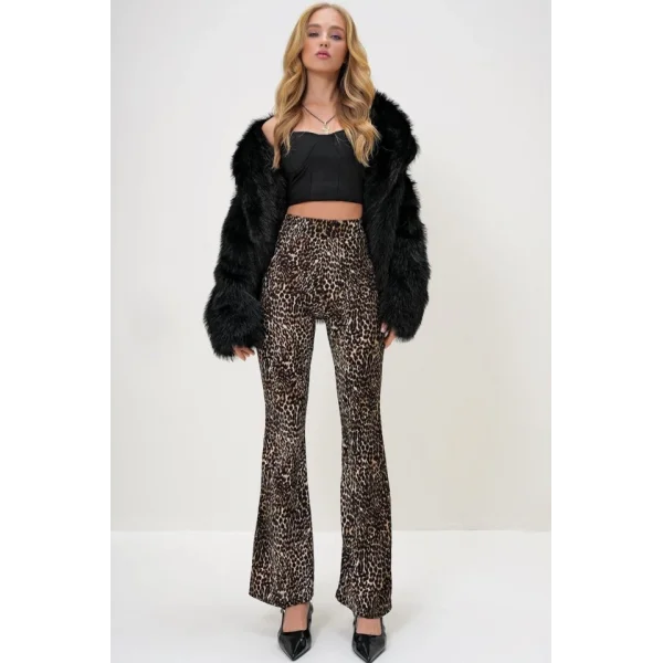 Kadın Yüksek Bel Ispanyol Paça Krep Kumaş eopar Pantolon