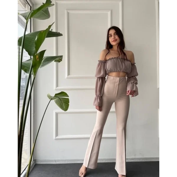 Kadın Yüksek Bel İspanyol Paça Kumaş Pantolon