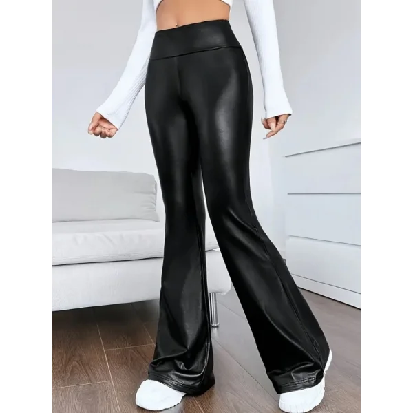 Kadın Yüksek Bel İspanyol Paça Likralı Deri Pantolon