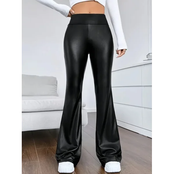 Kadın Yüksek Bel İspanyol Paça Likralı Deri Pantolon