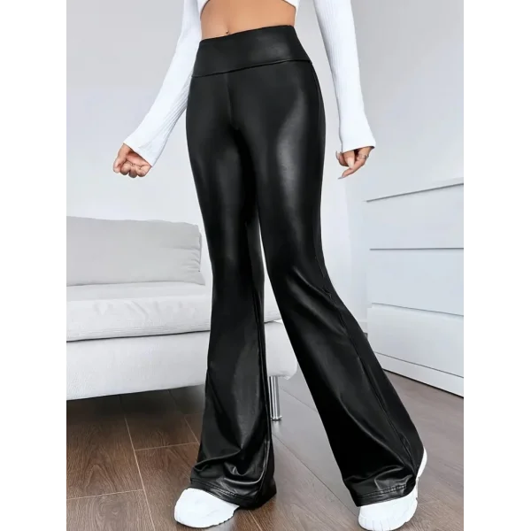 Kadın Yüksek Bel İspanyol Paça Likralı Deri Pantolon