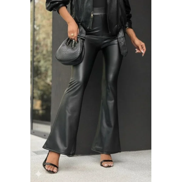 Kadın Yüksek Bel İspanyol Paçalı Deri Pantolon