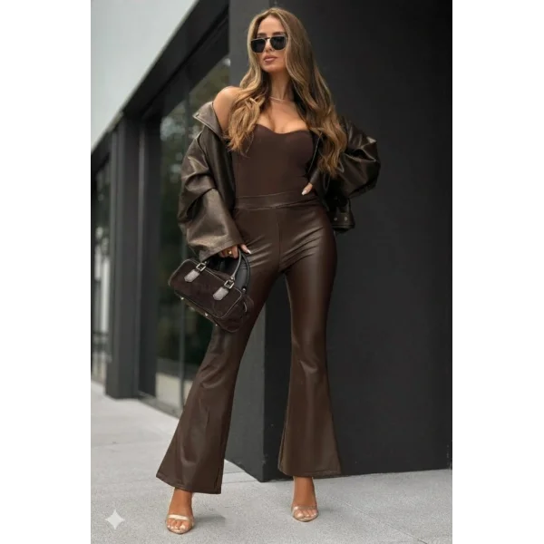 Kadın Yüksek Bel İspanyol Paçalı Deri Pantolon