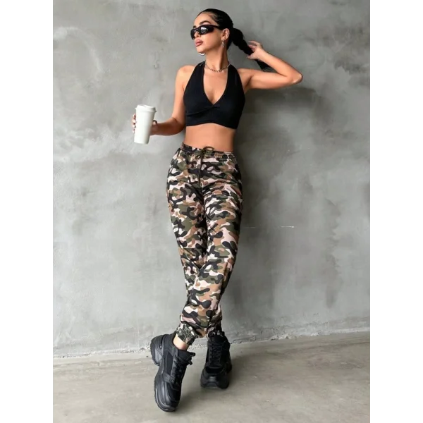 Kadın Yüksek Bel Kamuflaj Baskılı Bileği Lastik Detay İki İplik Pantolon