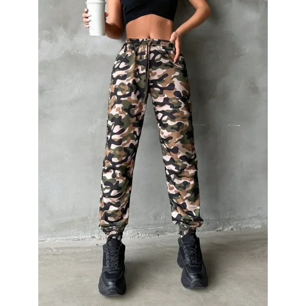 Kadın Yüksek Bel Kamuflaj Baskılı Bileği Lastik Detay İki İplik Pantolon