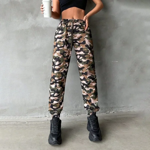 Kadın Yüksek Bel Kamuflaj Baskılı Bileği Lastik Detay İki İplik Pantolon