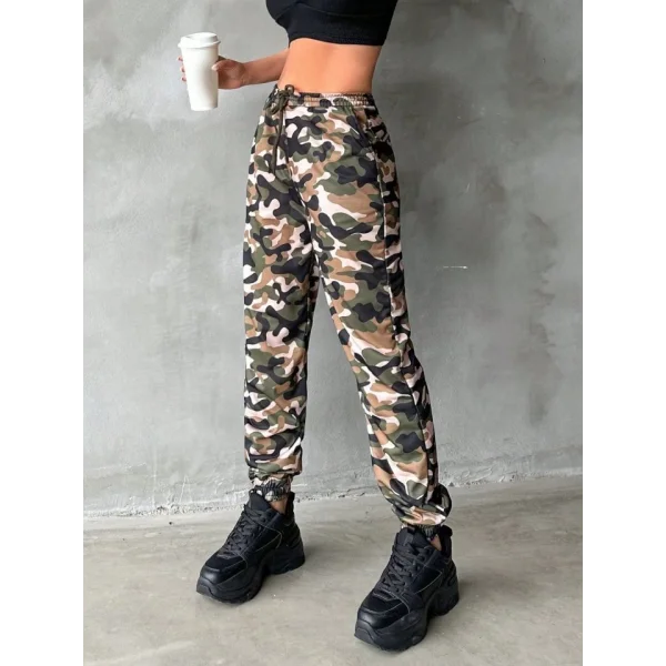 Kadın Yüksek Bel Kamuflaj Baskılı Bileği Lastik Detay İki İplik Pantolon