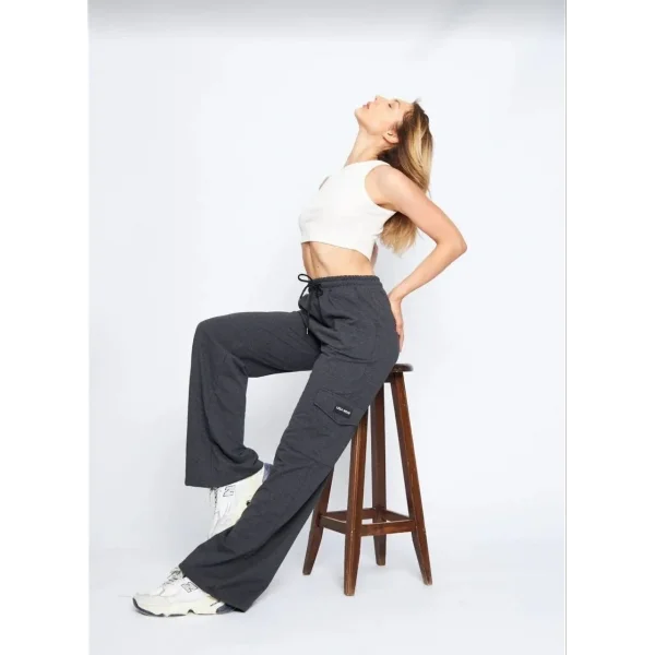 Kadın Yüksek Bel Kargo Cepli Palazzo Pantolon Oversize Bol Paça İki İplik Rahat Kesim - Antrasit