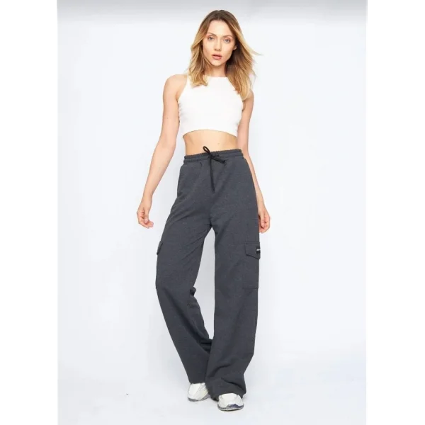 Kadın Yüksek Bel Kargo Cepli Palazzo Pantolon Oversize Bol Paça İki İplik Rahat Kesim - Antrasit