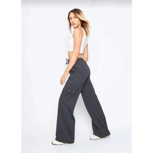 Kadın Yüksek Bel Kargo Cepli Palazzo Pantolon Oversize Bol Paça İki İplik Rahat Kesim - Antrasit
