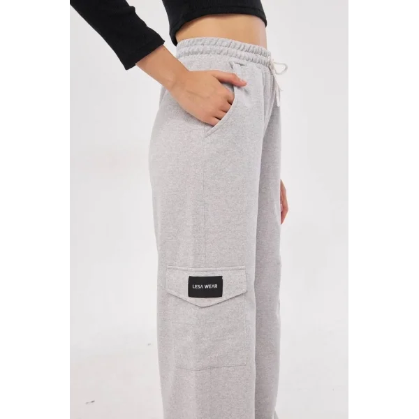 Kadın Yüksek Bel Kargo Cepli Palazzo Pantolon Oversize Bol Paça İki İplik Rahat Kesim - Gri
