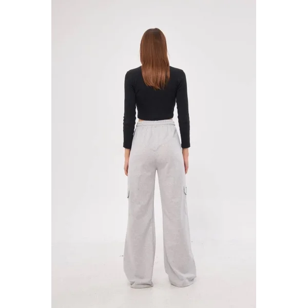 Kadın Yüksek Bel Kargo Cepli Palazzo Pantolon Oversize Bol Paça İki İplik Rahat Kesim - Gri