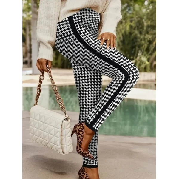 Kadın Yüksek Bel Kaz Ayağı Desenli Yanları şeritli Dalgıç Pantolon