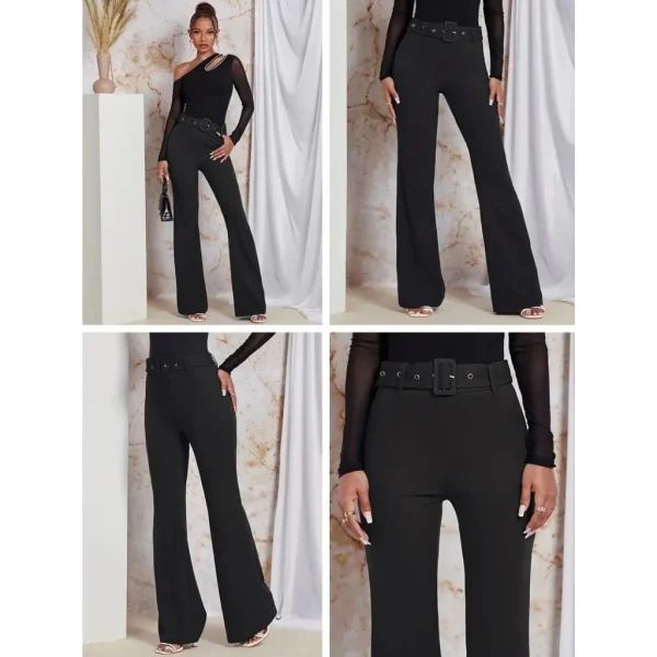 Kadın Yüksek Bel Kemerli Paçaya Doğru Genişleyen Ithal Krep Pantolon