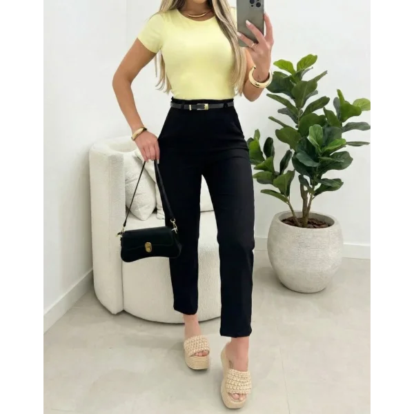 Kadın Yüksek Bel Kemersiz Ithal Krep Pantolon
