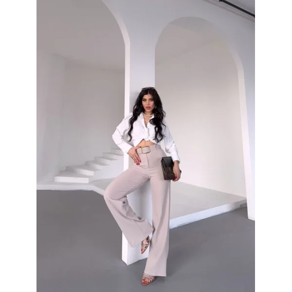 Kadın Yüksek Bel Krep Kumaş Full Likralı Ispanyol Paça Kemer Dahil Pantolon