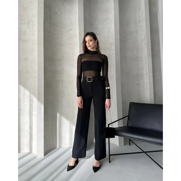 Kadın Yüksek Bel Krep Kumaş Full Likralı Ispanyol Paça Kemer Dahil Pantolon