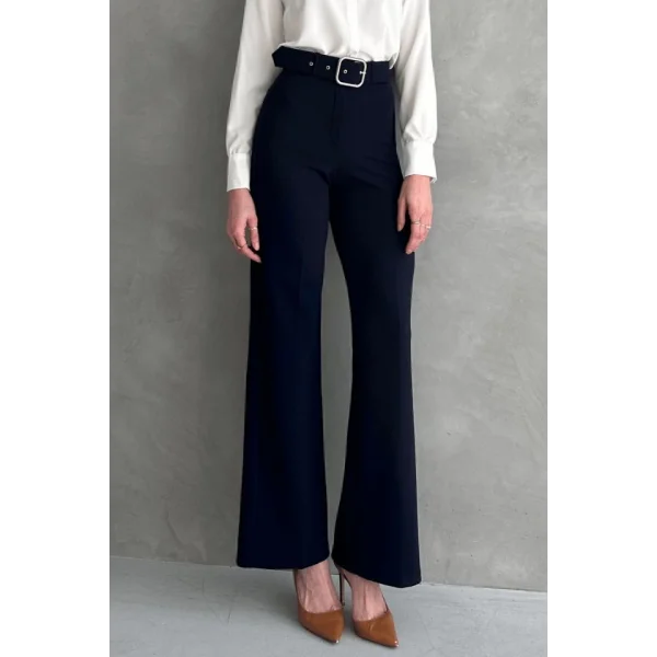 Kadın Yüksek Bel Krep Kumaş Full Likralı Ispanyol Paça Kemer Dahil Pantolon