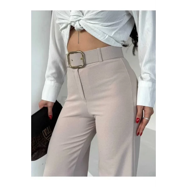Kadın Yüksek Bel Krep Kumaş Full Likralı Ispanyol Paça Kemer Dahil Pantolon