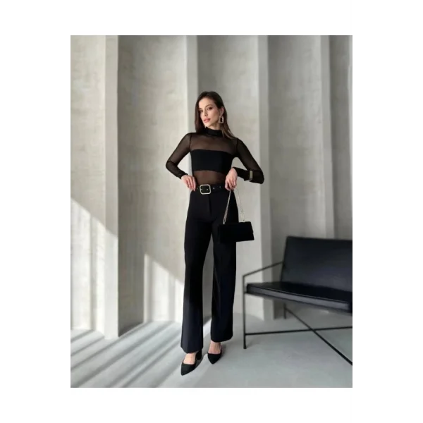 Kadın Yüksek Bel Krep Kumaş Full Likralı Ispanyol Paça Kemer Dahil Pantolon