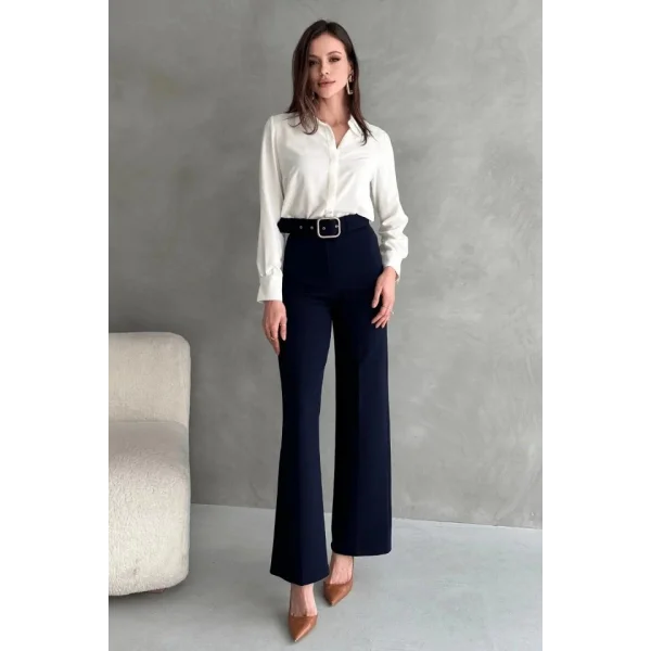 Kadın Yüksek Bel Krep Kumaş Full Likralı Ispanyol Paça Kemer Dahil Pantolon