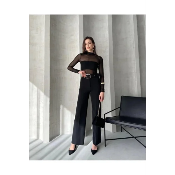 Kadın Yüksek Bel Krep Kumaş Full Likralı Ispanyol Paça Kemer Dahil Pantolon