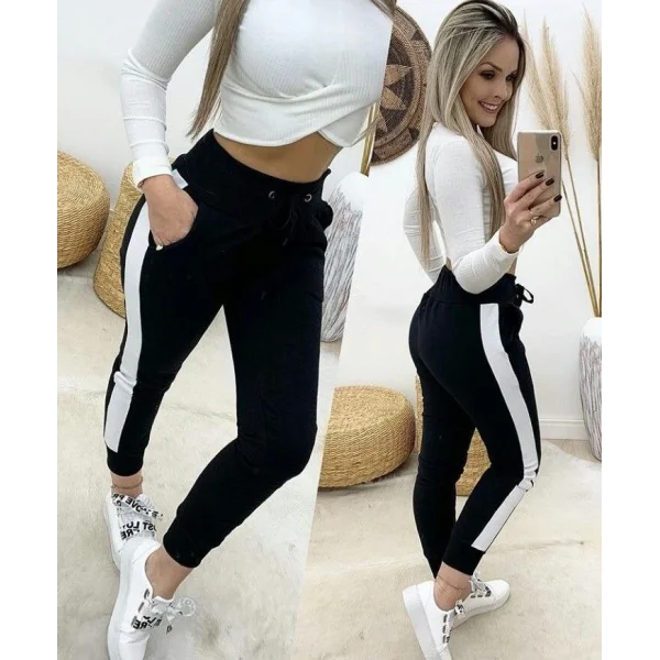 Kadın Yüksek Bel Kuş Gözü Detaylı Bağcıklı Yan şeritli Viskon Iki Iplik Eşofman Altı