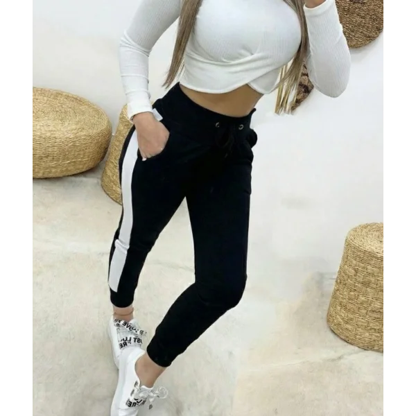 Kadın Yüksek Bel Kuş Gözü Detaylı Bağcıklı Yan şeritli Viskon Iki Iplik Eşofman Altı