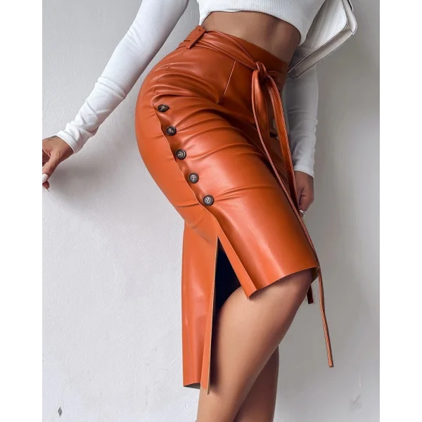 Kadın Yüksek Bel Kuşaklı Yanlardan Düğmeli Mini Deri Etek