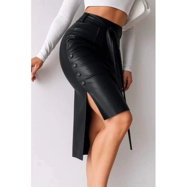 Kadın Yüksek Bel Kuşaklı Yanlardan Düğmeli Mini Deri Etek