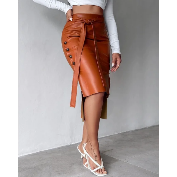 Kadın Yüksek Bel Kuşaklı Yanlardan Düğmeli Mini Deri Etek