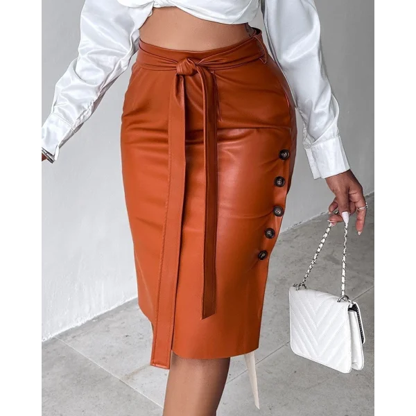 Kadın Yüksek Bel Kuşaklı Yanlardan Düğmeli Mini Deri Etek