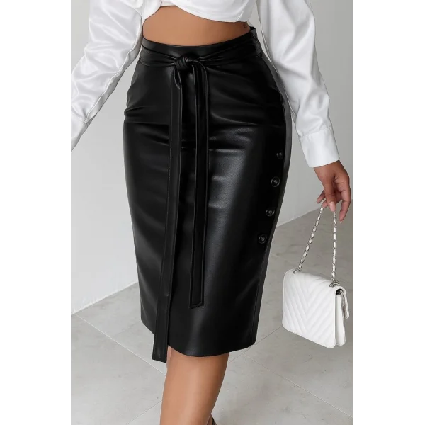 Kadın Yüksek Bel Kuşaklı Yanlardan Düğmeli Mini Deri Etek