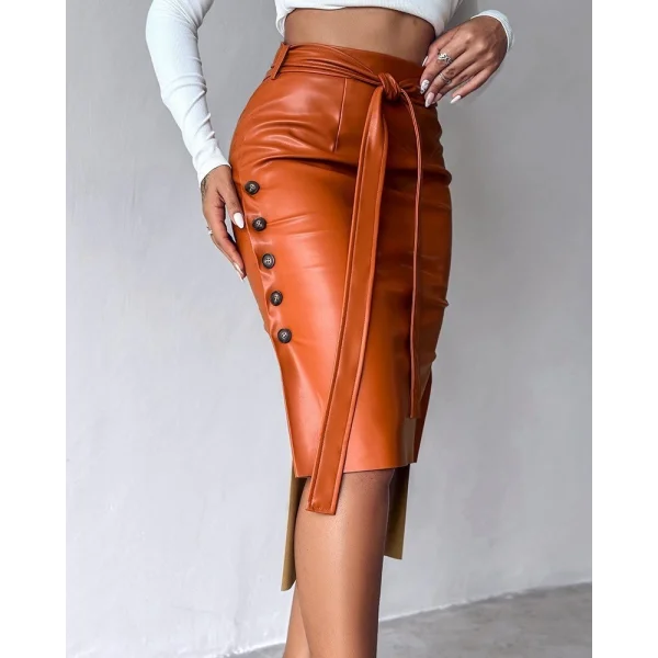 Kadın Yüksek Bel Kuşaklı Yanlardan Düğmeli Mini Deri Etek