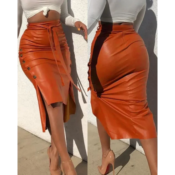 Kadın Yüksek Bel Kuşaklı Yanlardan Düğmeli Mini Deri Etek