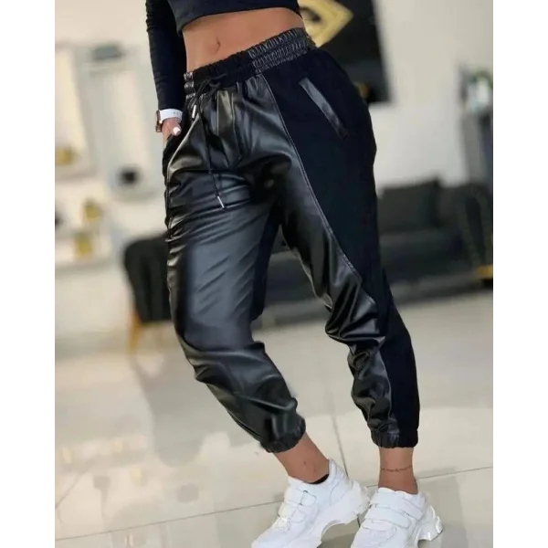 Kadın Yüksek Bel Lastikli Cepli Deri Detaylı Dalgıç Pantolon