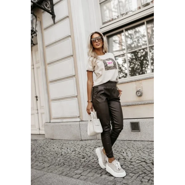 Kadın Yüksek Bel Lastikli Cepli Deri Pantolon