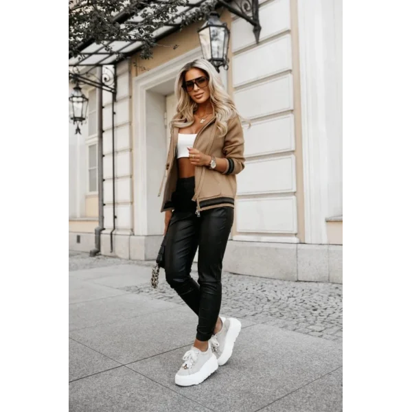 Kadın Yüksek Bel Lastikli Cepli Deri Pantolon