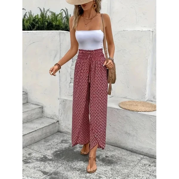 Kadın Yüksek Bel Lastikli önden Iki Parçalı Desenli Bürümcük Pantolon