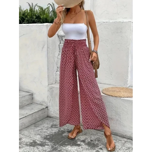 Kadın Yüksek Bel Lastikli önden Iki Parçalı Desenli Bürümcük Pantolon